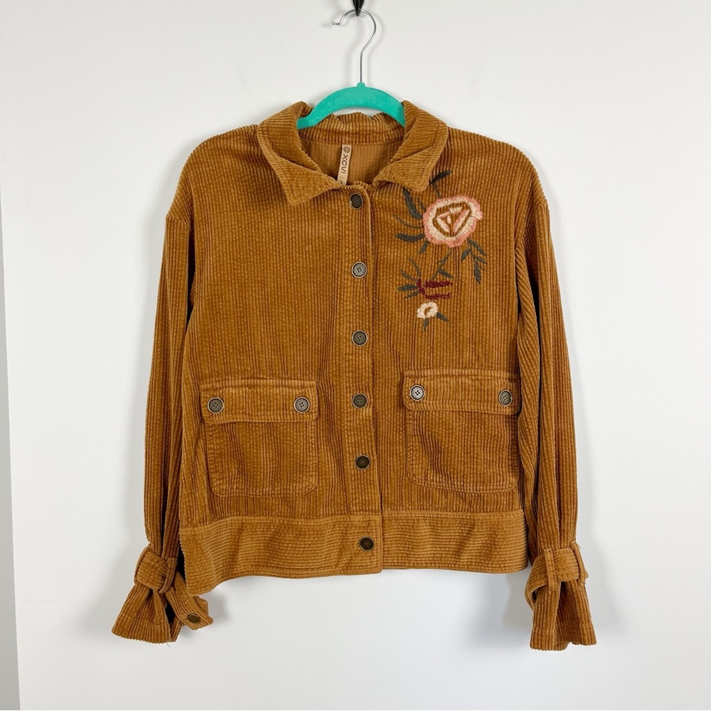 XCVI Corduroy Floral Embroidered Shacket Shirt Button Up Pocket Cuff Detailing